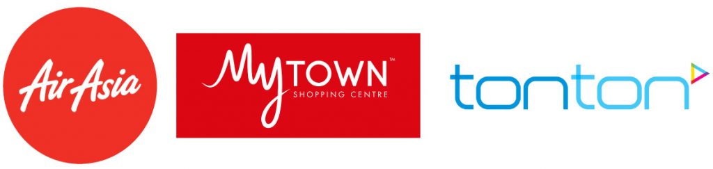 Logos for Air Asia, My Town Shopping Centre and Tonton.