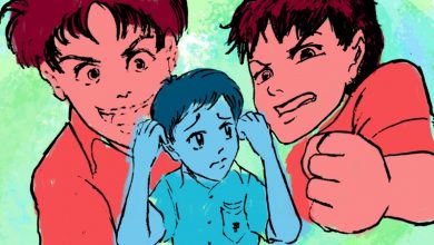 a boy protects his head with his two hands. Two bullies loom menacingly behind him.