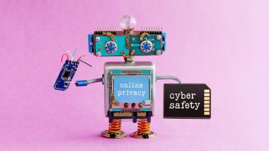 a robot with a sign that says online privacy. Cyber safety.