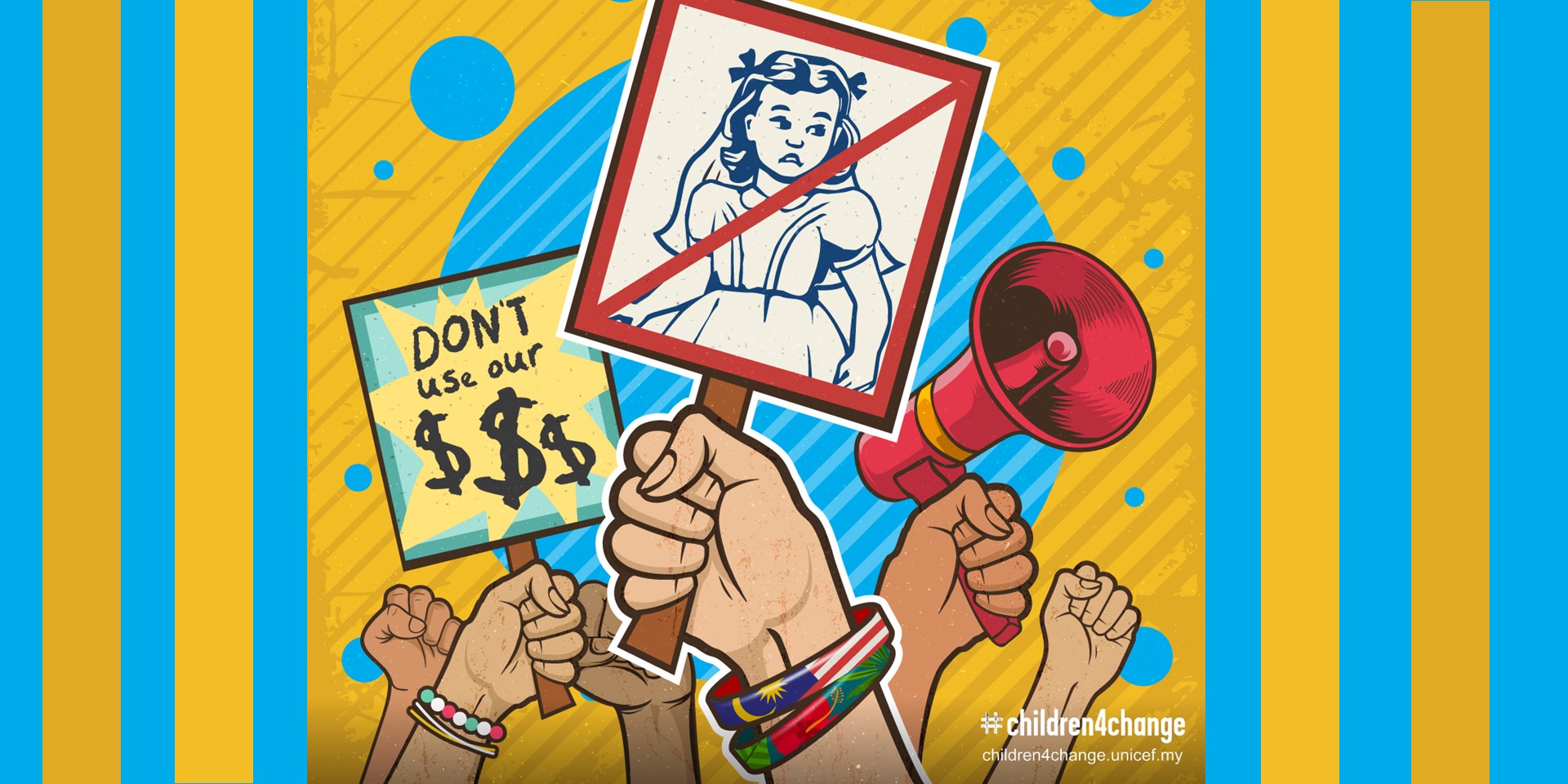 illustration of hands holding up placards championing children's issues.