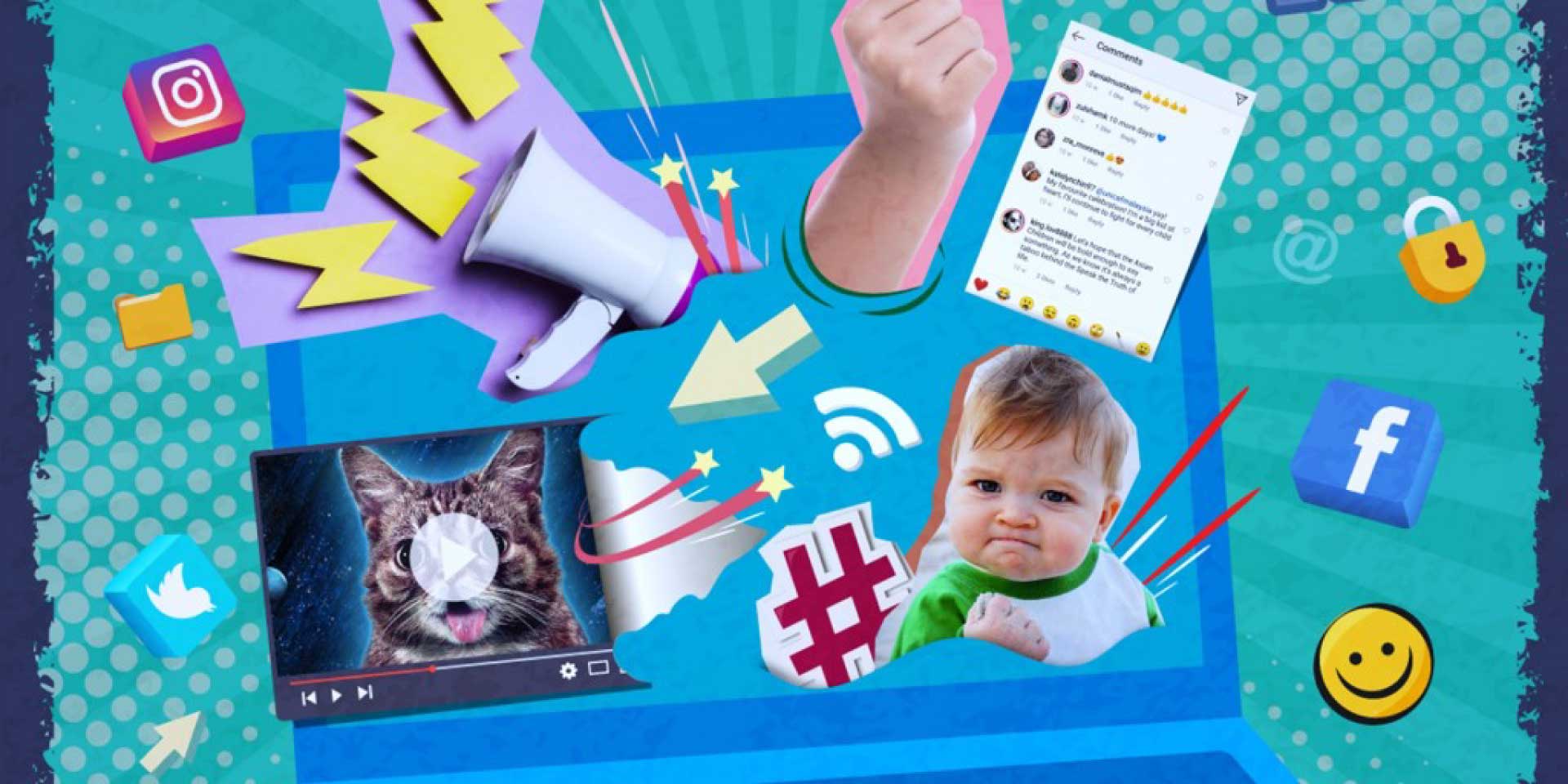 a laptop with different design elements such as social media icons, cat video, hashtag and memes.