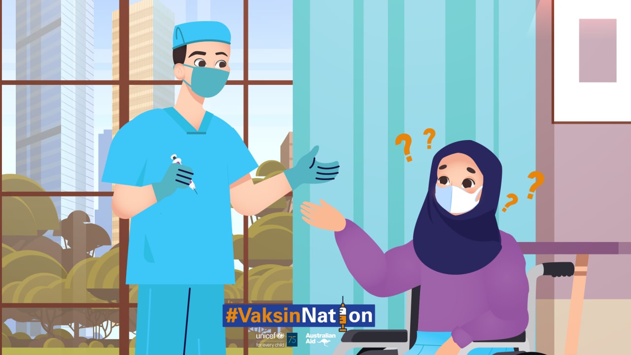 Amal, a young woman is ready to get her booster shot from a healthcare worker.