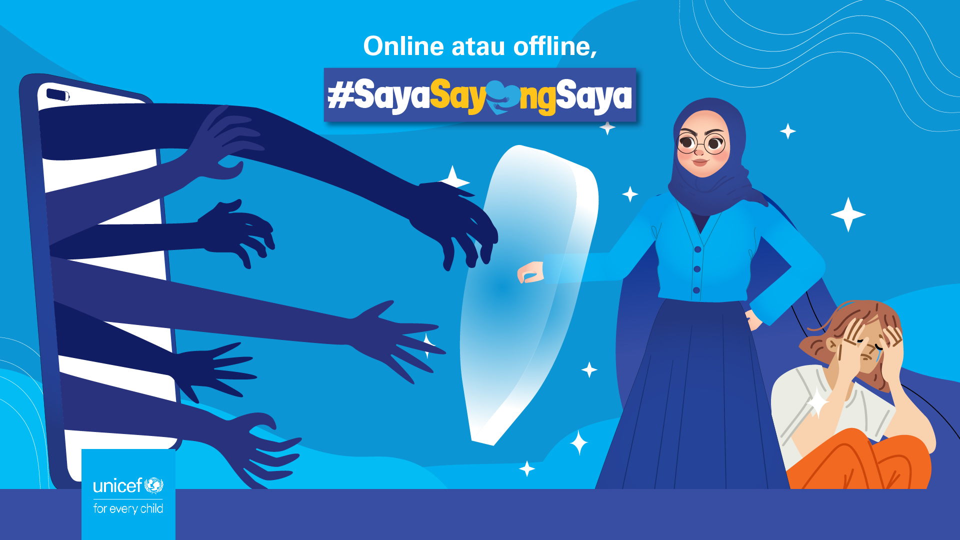 A girl protects her friend from Online Sexual Abuse by holding out a shield to protect against creepy hands coming out of a phone.