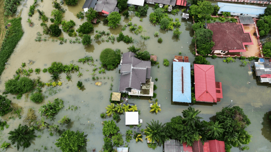 Arial view showing houses submerged in the flood waters