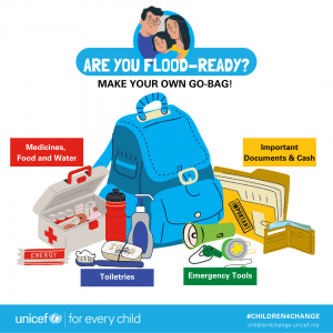 An emergency go to backpack with suggested items such as first aid kit, water bottle, toiletries, torch light, whistle, important documents and cash.