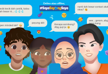 Four young people of different backgrounds look at a phone. Around them are examples of dodgy sexual messages.