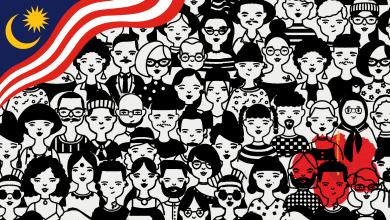 people of different genders, races, ethnicities, and background. On top is the Malaysian flag.