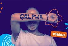 A young woman holds up her arm against a face. On her arm is text "Girl Power" as strength against all forms of sexual harassment, including indecent exposure. Beside her is text "16 days".