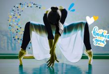 A female ballet dancer in a ballet pose. Next to her is text 'All bodies are good bodies' to reflect body positivity.