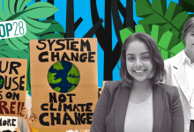 Cutouts of two young women with placards protesting climate change. On top is the text 'COP28'.
